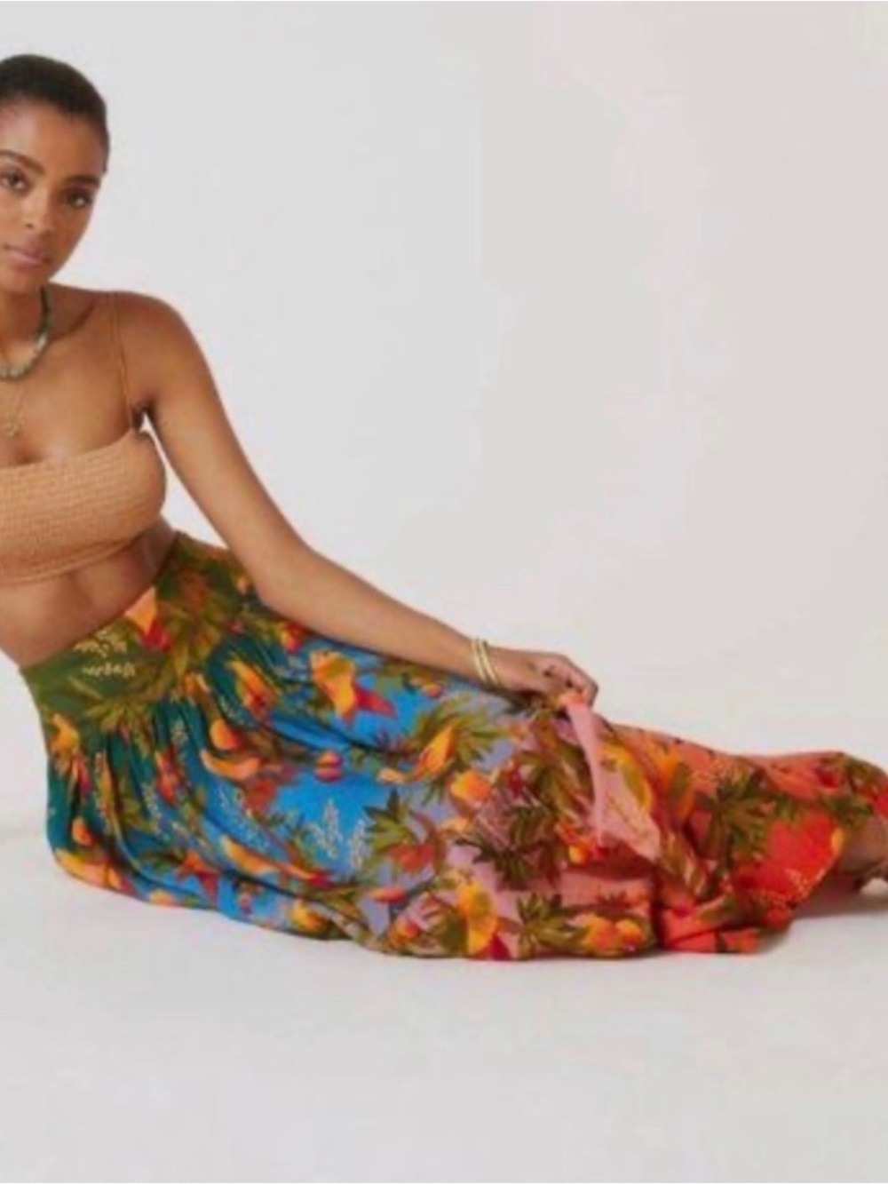 FARM Rio Green Floral Maxi Skirt with Coral and Blue Accents